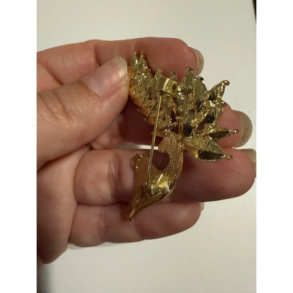 Gold Tone Rhinestone Deer Brooch Marquise Crystal Antler Reindeer Pin
